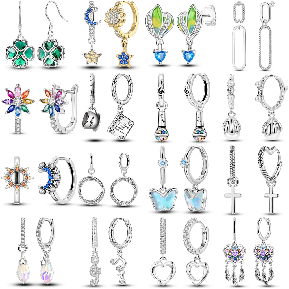 Orecchini a cerchio originali in argento 925 con stella, luna, trifoglio e farfalla con zirconi, perfetti per la creazione di gioielli e come regali di nozze per donne e ragazze.