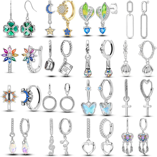 Orecchini a cerchio originali in argento 925 con stella, luna, trifoglio e farfalla con zirconi, perfetti per la creazione di gioielli e come regali di nozze per donne e ragazze.