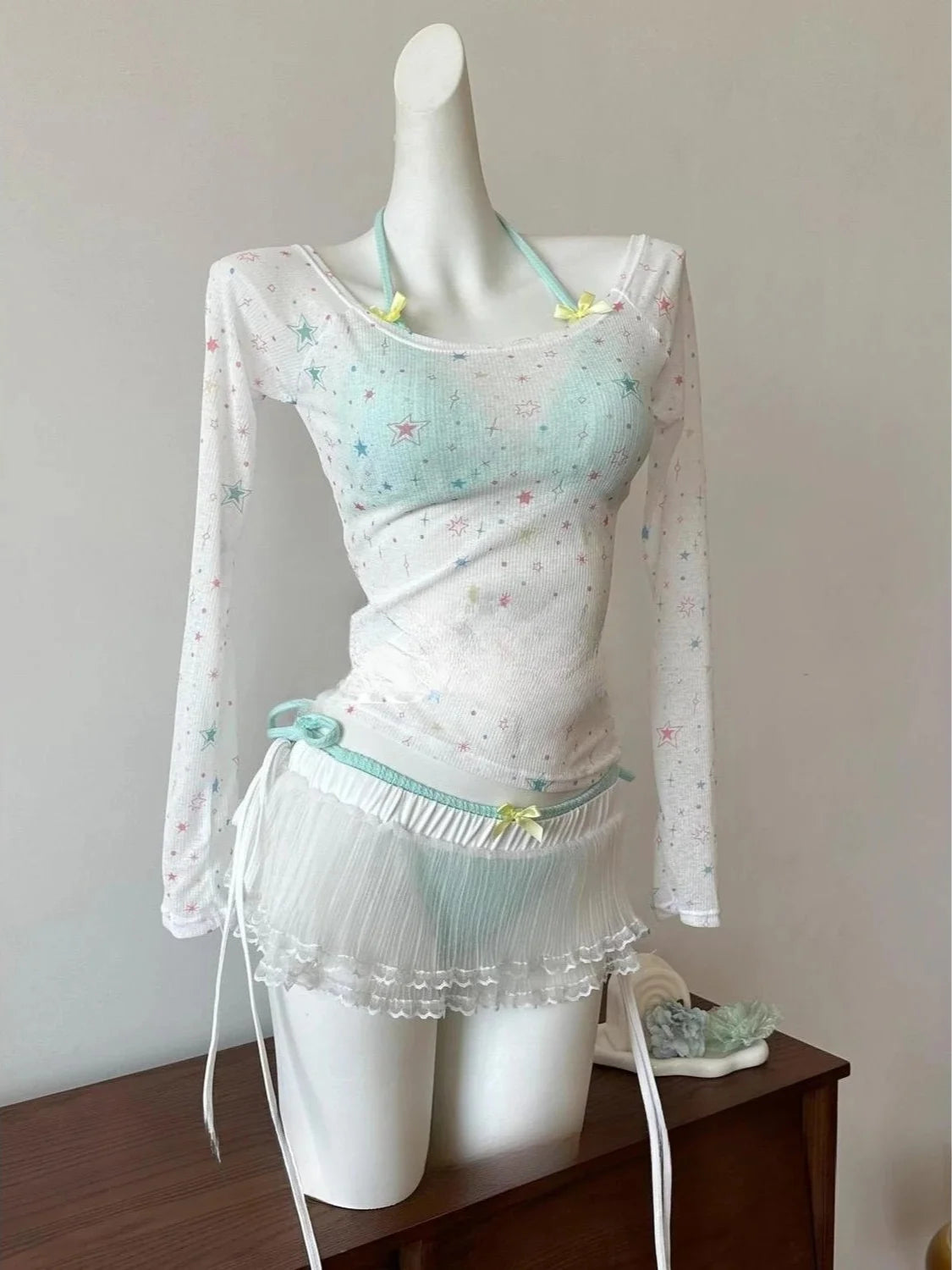 2026 New High Waist Fairy Sweet 4-Piece Women's Split Bikini Set - Print Trendy Swimwear Beach Vacation Summer Party Fashion