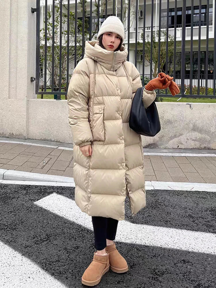 Winter Thicken Long Hooded Down Jacket Women White Duck Down Parker Knee Length Jackets Female Warm Zipper Waterproof Outwears