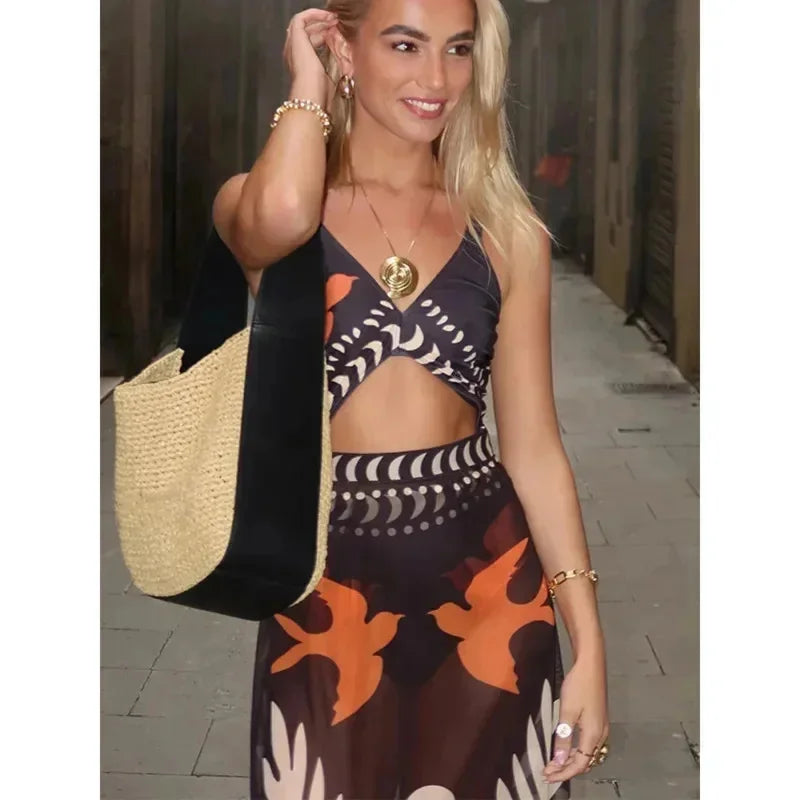 Sexy Bird Print Mesh High Waist Bikini 3 Pieces Sets Women Fashion Hollow Out One Pieces Swimwear 2024 New Beach Sarong Monokini