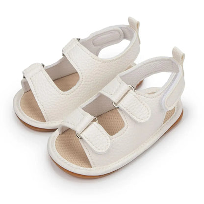Sandali estivi per neonati Meckior, scarpe per bambini in pelle PU con suola in gomma antiscivolo, primi passi per neonati e bambine da 0 a 18 mesi.