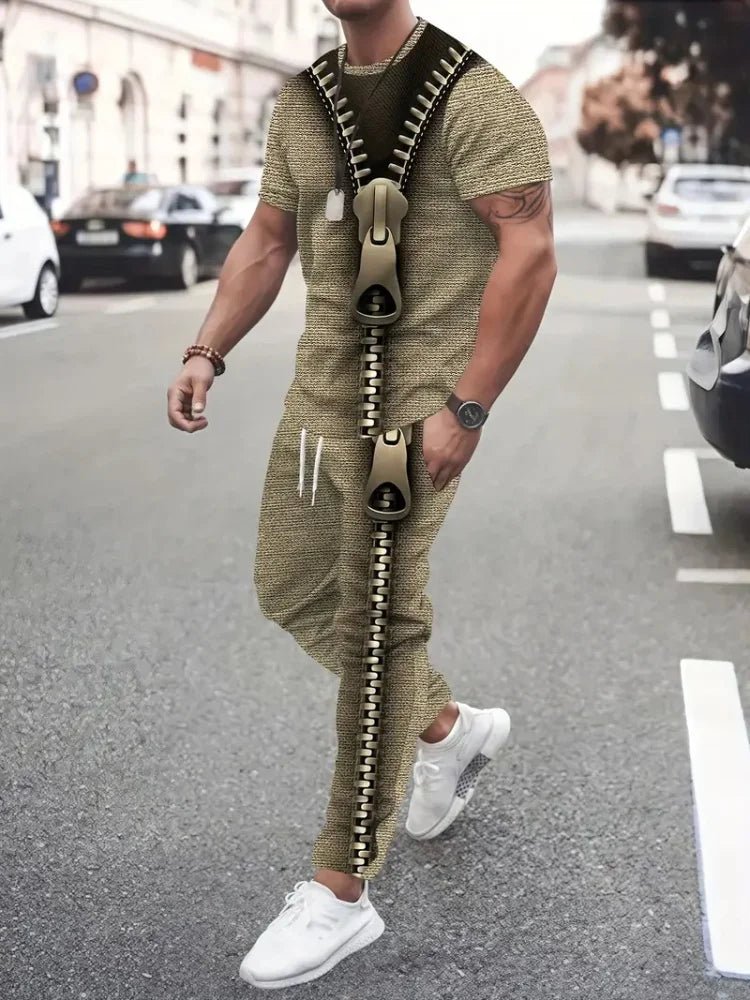 Abstract Zipper 3D Printed Men's Casual Thin Short-sleeved Long Pants Set, Urban Street Casual Fashion Men's 2pcs Long Pants Set