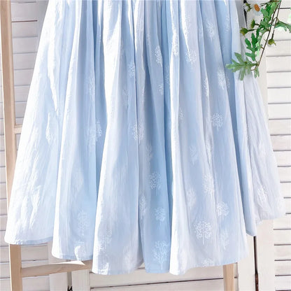 Cotton Linen Blue Midi Pleated Skirt, Fashion Print Skirts For Woman 2025 Summer