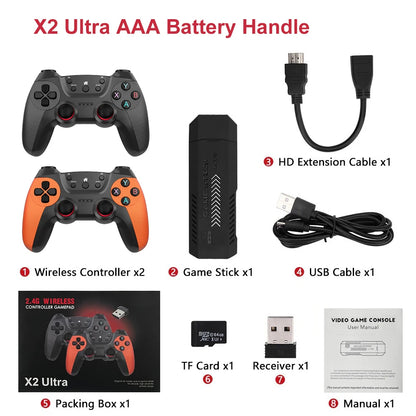 X2 Ultra Pro Retro Game Stick 64GB/128GB Console di gioco portatile con video 4K e controller wireless, compatibile con i formati di gioco FC e GBC.