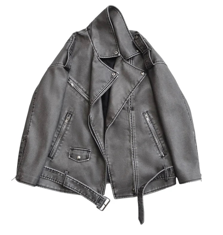 Women Loose Motorcycle Biker Black Pu Faux Leather Jacket with Belt Spring Autumn Female Zipper Coat Outwear 2025