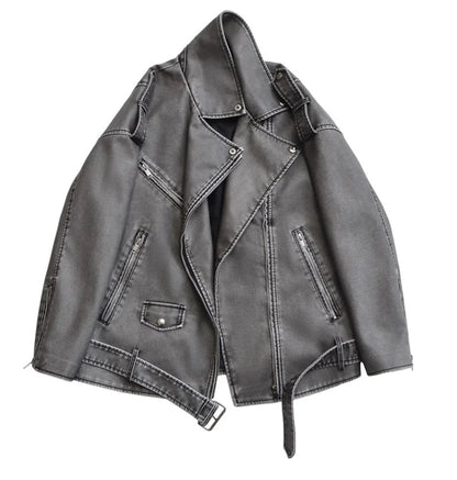 Women Loose Motorcycle Biker Black Pu Faux Leather Jacket with Belt Spring Autumn Female Zipper Coat Outwear 2025