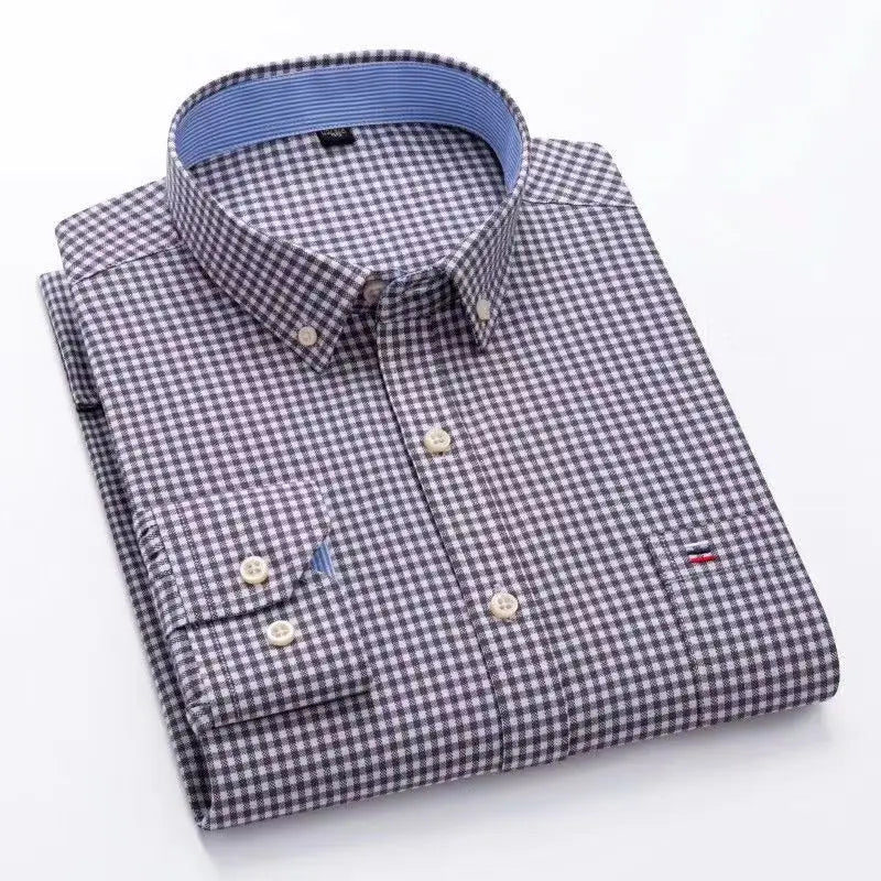 Camicia da uomo a quadri con bottoni a maniche lunghe in cotone 100%, con tasca singola sul petto, vestibilità standard, casual, stile Oxford a quadri e righe