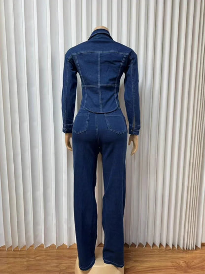 Streetwear Denim 2 Piece Sets Women Outfit Autumn Clothing Women Jean Shirt Top and Straight Jeans Pants Sets Casual Tracksuits