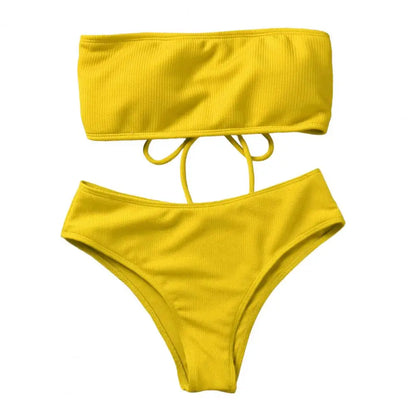 Women Beach Suit Chest Pad No Underwire High Waist Bathing Two-piece Set Bandeau Swimming Trunks Split Bikini Set Beachwear 80%