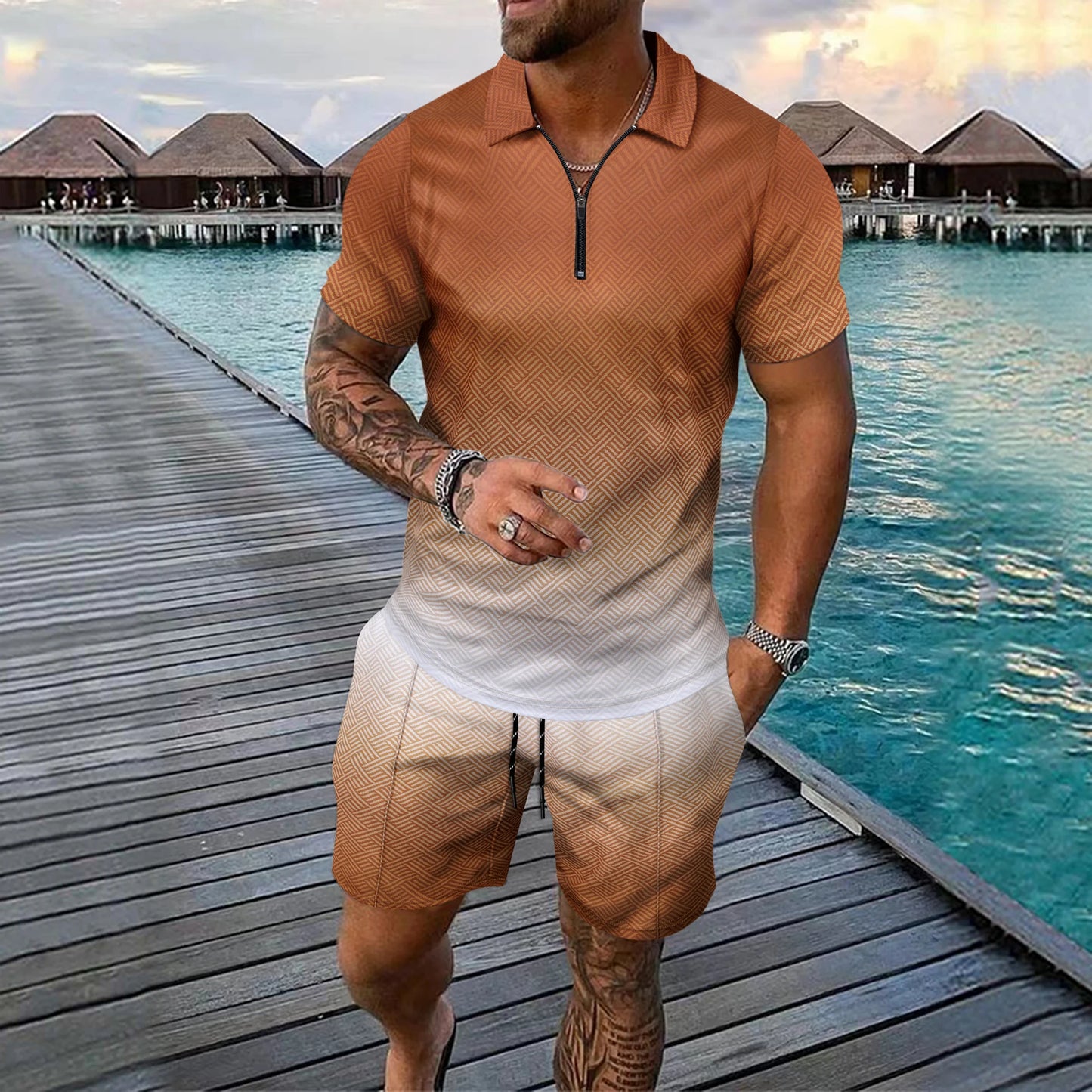 Interessante set da uomo a maniche corte con stampa a quadri 3D, camicia polo con cerniera alla moda, completo estivo ampio, set di t-shirt Ropa Hombre