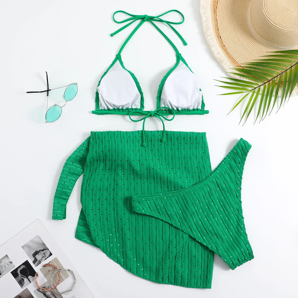 Bikini estivo 2025 a 3 pezzi con allacciatura al collo, costume da bagno sexy a perizoma in materiale speciale con gonna pareo, bianco/nero/rosa/verde, abbigliamento da spiaggia.