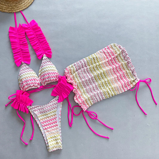 Completo a tre pezzi 2025, nuovo bikini da donna, bikini stampato, costume da bagno da spiaggia con spacco