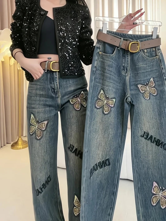Jeans loose straight leg pants women's embroidered personalized wide leg floor pants European products