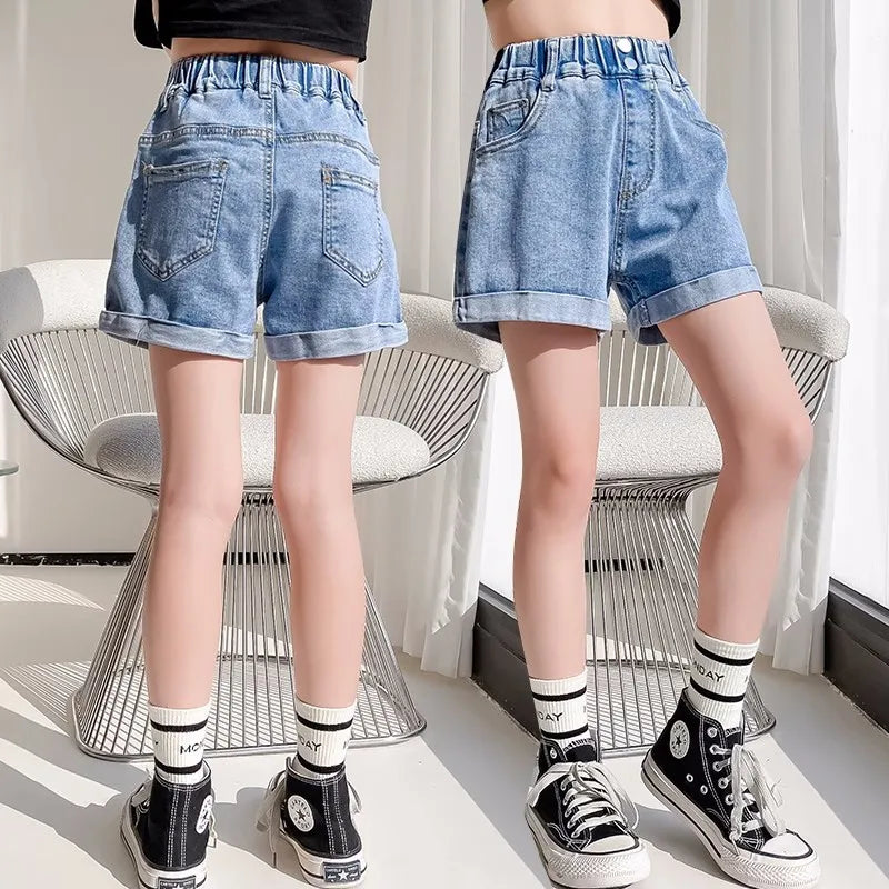 1 pz Pantaloncini di jeans estivi per bambina, a vita media, per neonate e adolescenti, casual, classici, alla moda, larghi, morbidi, in denim.