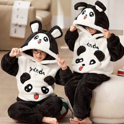Pigiama invernale caldo per ragazzi con animali dei cartoni animati, set pigiama per bambini in pile di corallo, completo da casa in flanella con cappuccio, pigiama per ragazzi