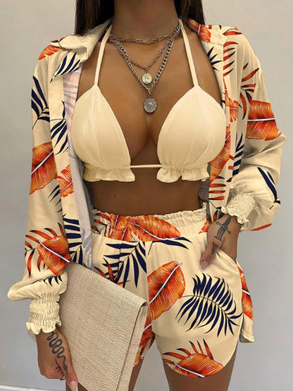 Costume da bagno a tre pezzi, sexy, da spiaggia, nuovo 2024, pantaloncini da bagno, copricostume, bikini estivo a vita alta, set bikini stampato da donna.