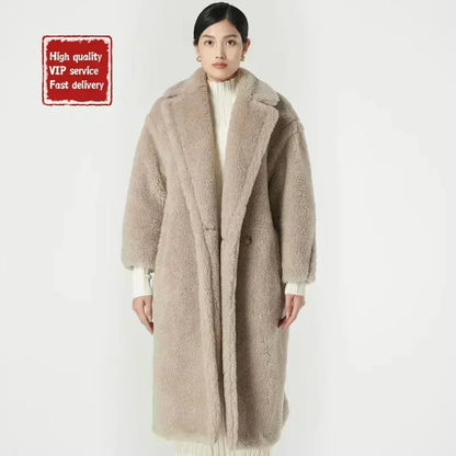 Cappotto lungo da donna DUTRIEUX Teddy Bear, nuovo stile invernale 2025, cappotto lungo in vera pelliccia di alpaca e cashmere, spesso e caldo