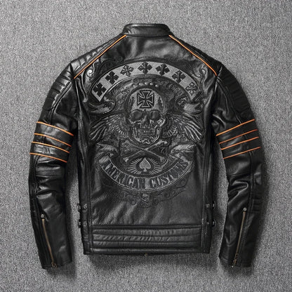 Giacca da motociclista slim oversize da uomo in pelle bovina con ricamo a teschio, modello 2023, primo strato.