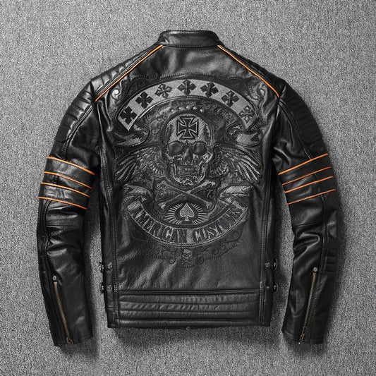 Giacca da motociclista slim oversize da uomo in pelle bovina con ricamo a teschio, modello 2023, primo strato.