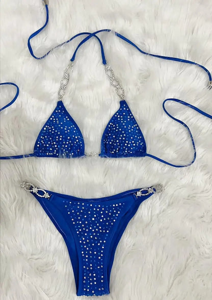 Bikini sexy da donna in 6 colori con strass cavi e allacciatura a catena, set bikini da spiaggia di lusso.