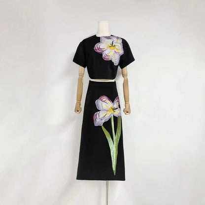 LGRQ 2025 New Summer Tound Neck Short Sleeves High Waist Printed Tshirt And A-line Long Skirt 2pcs