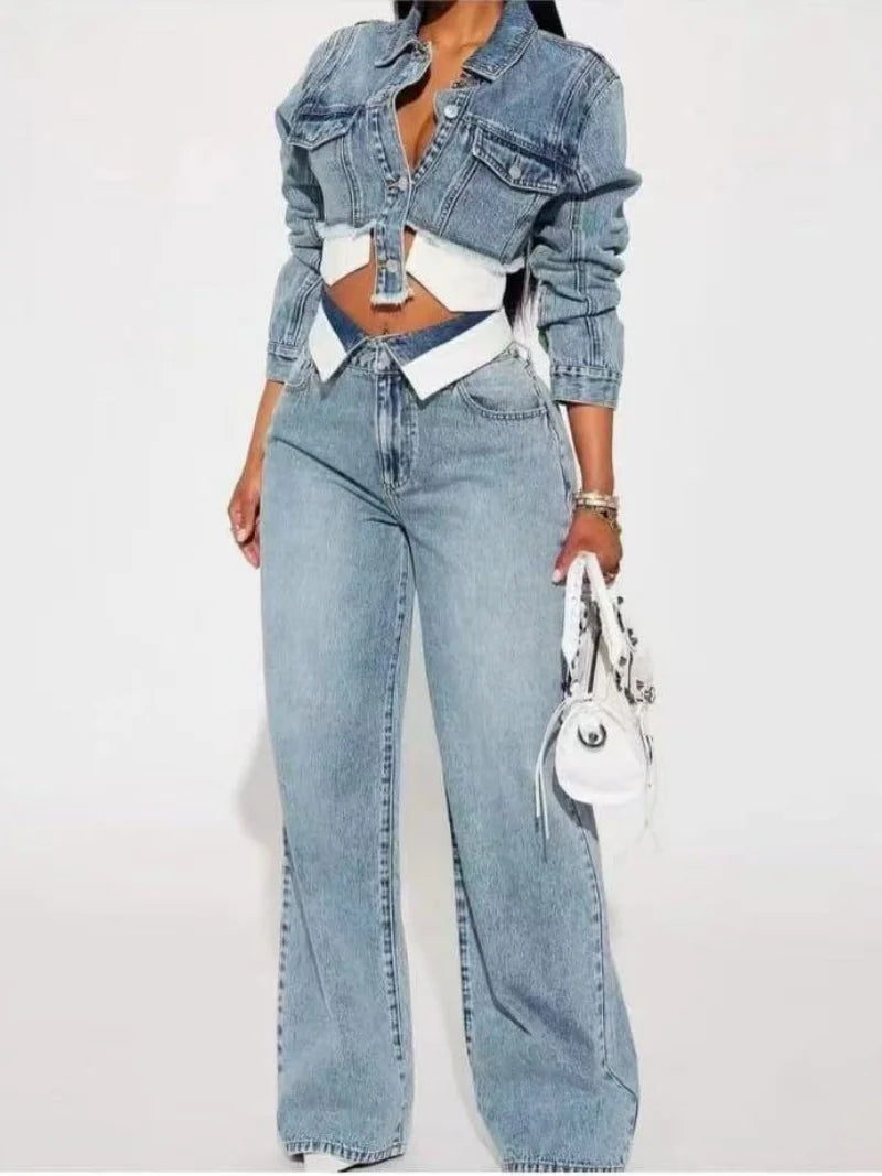 Streetwear Denim 2 pezzi Set da donna Outfit Abbigliamento autunnale Donna Jeans a maniche lunghe Giacca corta Jeans dritti Pantaloni Set Tuta