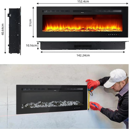 Caminetto elettrico a parete da 40/50/60 pollici, 220 V 1500 W, due livelli di riscaldamento, 12 modalità di colore LED 3D ed effetto fiamma realistico.