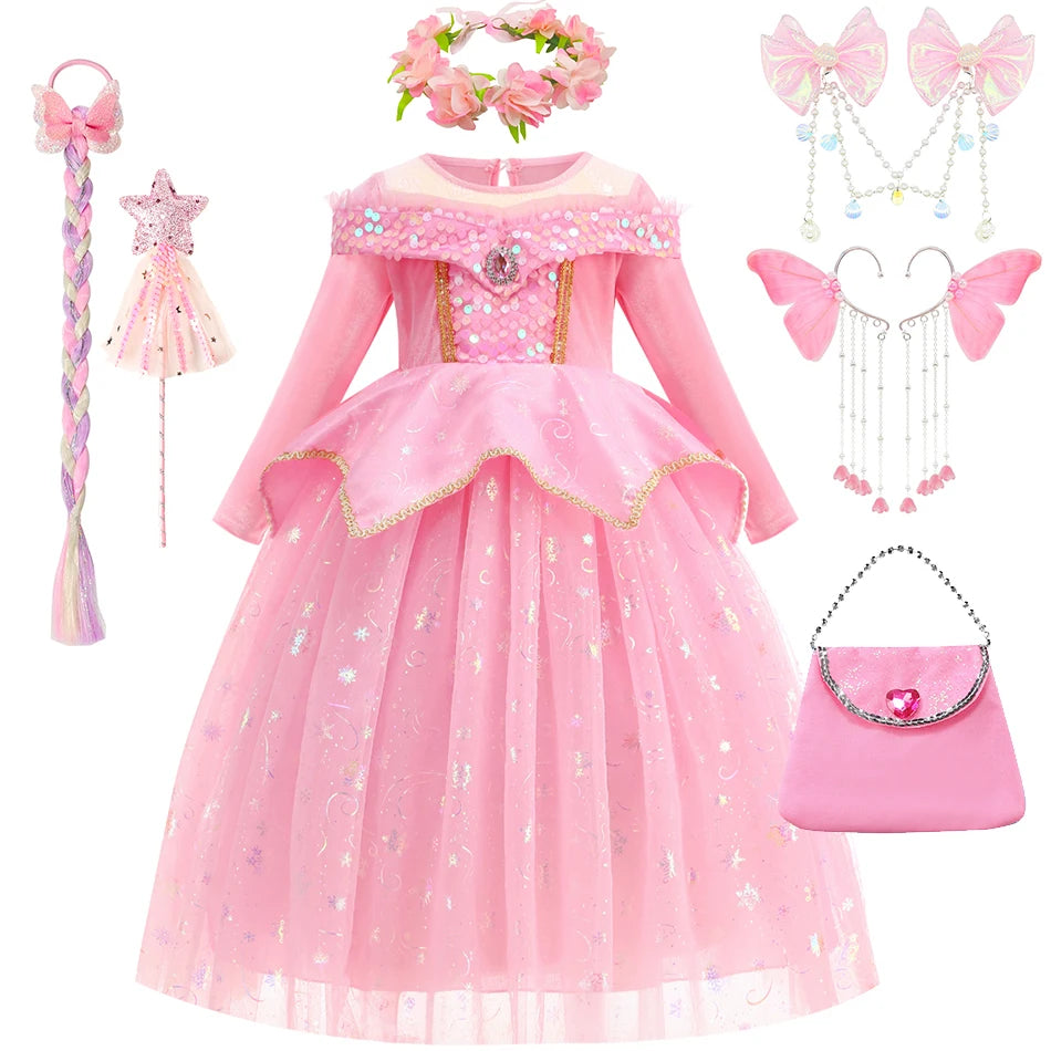 Costumi di Halloween per bambine, abiti da festa rosa per bambine, abito da principessa Aurora, costume cosplay della Bella Addormentata, set di travestimenti fantasy.