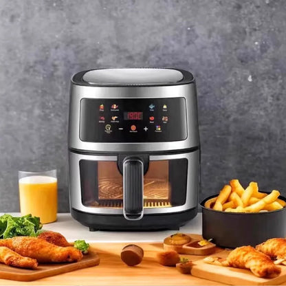 Nuova friggitrice ad aria ad alta capacità in acciaio inossidabile da 8 litri, forno elettrico domestico visivo, multifunzionale, senza olio, per la casa, nero, bianco e verde