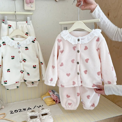 Completo pigiama invernale per bambina, 2 pezzi, caldo pile con bordo in pizzo, maglia a maniche lunghe e pantaloni, grazioso completo per la casa, abbigliamento casual per Natale