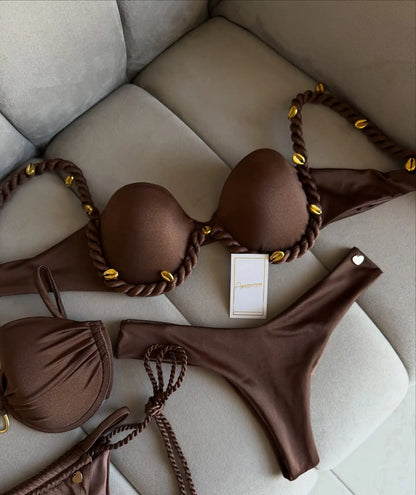 Costume da bagno bikini stampato 2025 con gonna a fascia, costume da bagno brasiliano da donna, vestito estivo da donna