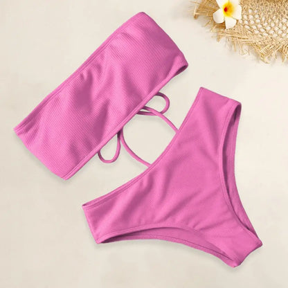 Women Beach Suit Chest Pad No Underwire High Waist Bathing Two-piece Set Bandeau Swimming Trunks Split Bikini Set Beachwear 80%
