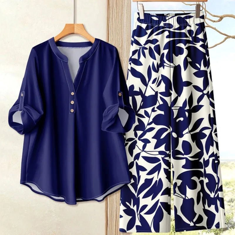 2025 Autumn Casual Women's Suit Fashionable Printed Long-sleeved Loose Top Paired With Solid Color Wide-leg Pants Two-piece Set