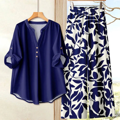 2025 Autumn Casual Women's Suit Fashionable Printed Long-sleeved Loose Top Paired With Solid Color Wide-leg Pants Two-piece Set