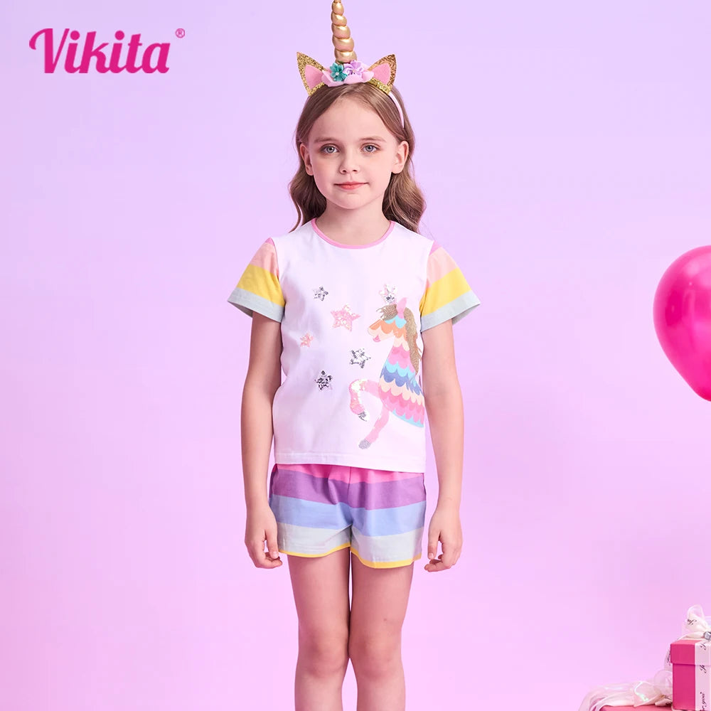 Completo estivo per bambine VIKITA con unicorno, paillettes e applicazioni, composto da maglietta a righe in cotone e pantaloni, 2 pezzi.