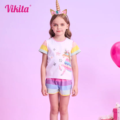Completo estivo per bambine VIKITA con unicorno, paillettes e applicazioni, composto da maglietta a righe in cotone e pantaloni, 2 pezzi.