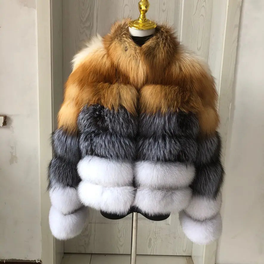Nuovo cappotto invernale in pelliccia naturale da donna alla moda, con collo misto in volpe argentata, di alta qualità, in vera pelliccia, di lusso da donna