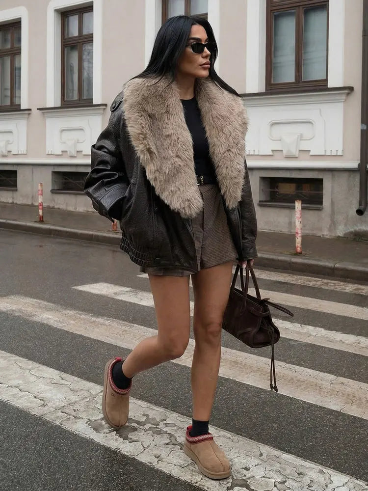 HH Donna 2026 Nuova Moda Vintage Giacca con Collo in Ecopelliccia a Maniche Lunghe Giacca in Ecopelle Autunno High Street Lady Chic Capo Esterno