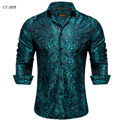 Camicie da uomo a maniche lunghe in seta e poliestere, camicie eleganti di lusso, camicie da smoking con colletto rovesciato e motivo paisley, abbigliamento da uomo