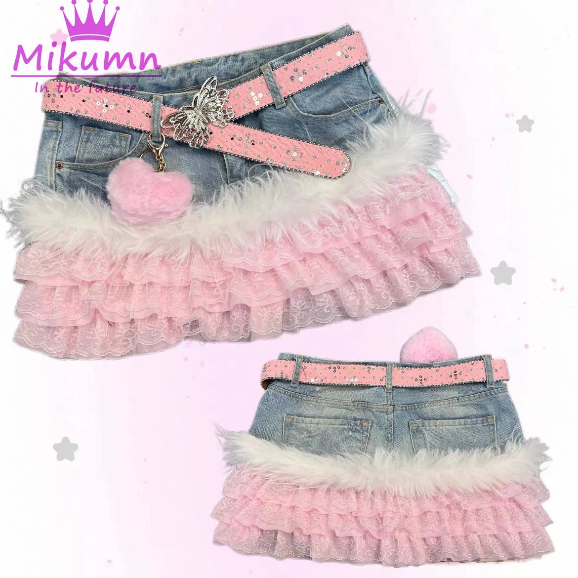 Mikumn Japanese Y2K Aesthetic Vintage Low Waist Lace Patchwork Denim Skirt Harajuku Girls Kawaii Pink Purple Green Cake Skirts