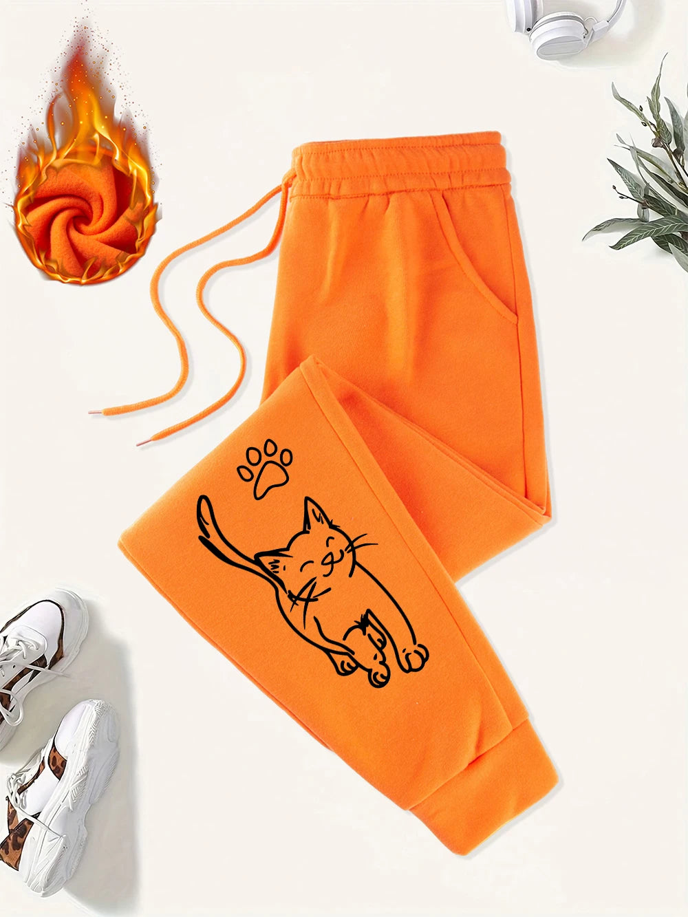 Cute Cat And Paw Print Prints Sweatpants Women Basics Jogger Pants Comfortable Fleece Loose Trousers Autumn Winter Woman Clothes
