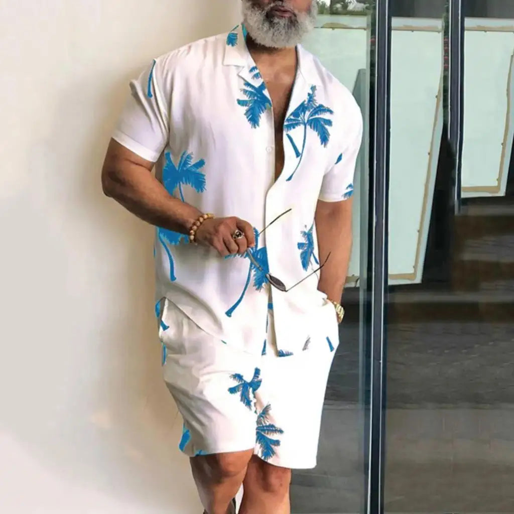 Completo da uomo con camicia a maniche corte e stampa 3D di palma da cocco, pantaloncini da spiaggia oversize, abbigliamento streetwear estivo e completi hawaiani.