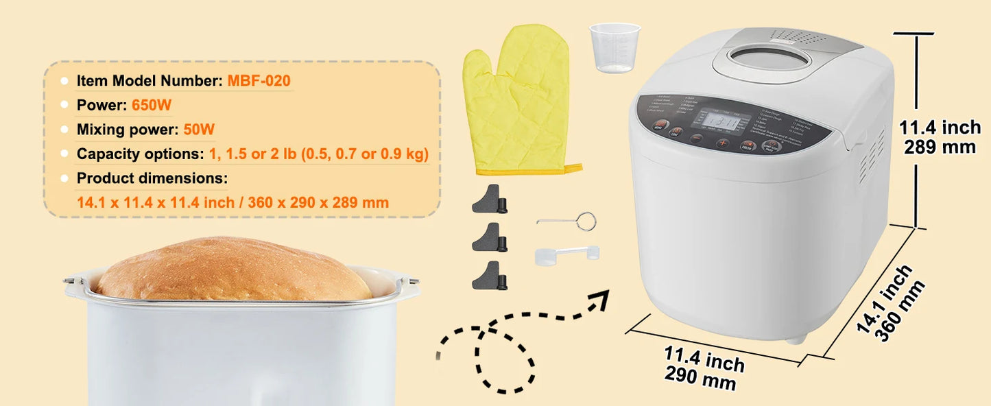 SucceBuy 2/3 LB Macchina per il pane Macchina per impastare 15 in 1 Teglia in ceramica antiaderente Macchina per il pane automatica con impostazione senza glutine