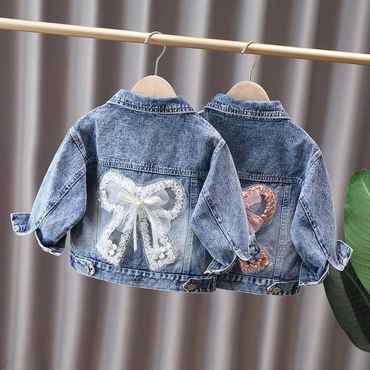 Giacca di jeans per bambine dai 2 ai 12 anni, nuova moda, cappotti in jeans per bambine, grazioso design con coniglietto e fiocco in pizzo, abbigliamento esterno per bambini
