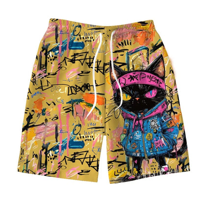 Pantaloncini da uomo con stampa 3D di gatto graffiti colorato, simpatici pantaloncini da spiaggia con motivo animale, estivi, casual, traspiranti, ideali per la città.