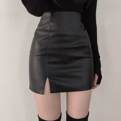 Women Side Slit Hem PU Leather Mini Skirts Solid Color Summer Female High Waist Slim Bodycon Skirts Lady Sexy Party Club Skirts