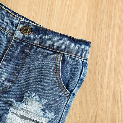 Completo estivo casual per neonati da 0 a 3 anni, composto da canotta con stampa di lettere e pantaloncini in denim strappati. Ideale per bambini piccoli.