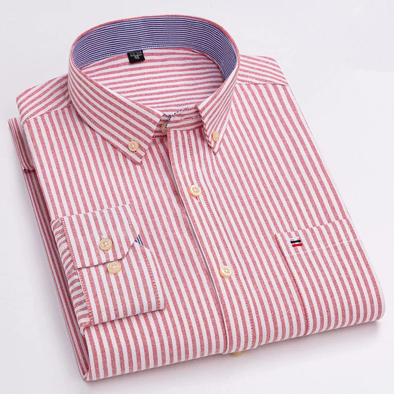 Camicia da uomo a quadri con bottoni a maniche lunghe in cotone 100%, con tasca singola sul petto, vestibilità standard, casual, stile Oxford a quadri e righe