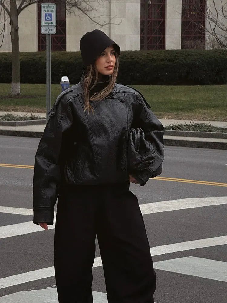 HH 2026 Giacca da donna alla moda in pelle sintetica nera con collo alto, maniche lunghe e cerniera, stile vintage, giacca in pelle sintetica stile streetwear